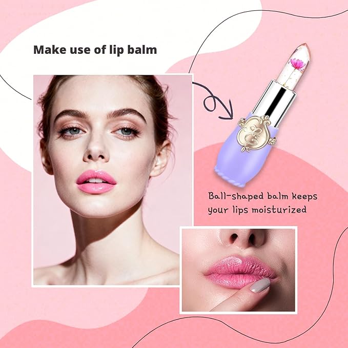 firstfly 6 Pcs/Set Flower Jelly Lipstick, Transferproof Color Change Lip Goss Moisturizer Long Lasting Nutritious Balm, Magic Temperature Change Clear ph Lipstick for Women (Purple)