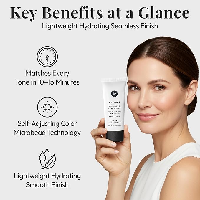 Jerome Alexander My Color Self-Adjusting Foundation, Hydrating & Lightweight Face Makeup, Skincare-Infused, with Kabuki Brush, Dark, 1 oz