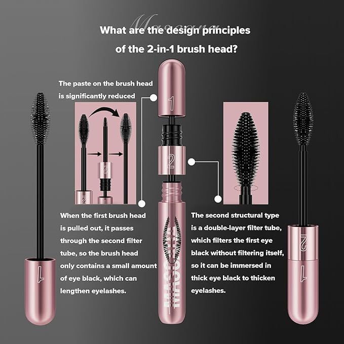 2Pcs 2 Step Lengthening & Volumizing Tubing Mascara, Smudge-Proof, Clump-Free, 2 in 1 Black Mascara For Natural Lengthening And Thickening Effect