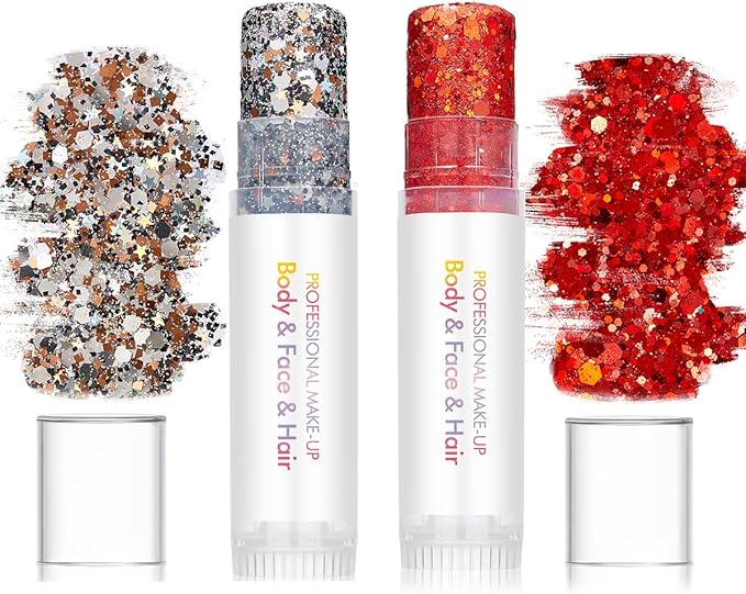 Body Glitter Stick Red Face Glitter Silver Brown Hair Glitter Christmas Face Paint Rave Makeup Glitter Festive Face Gems Halloween & Valentines Fine Chunky Glitter Stick for Women Girls 2Pack