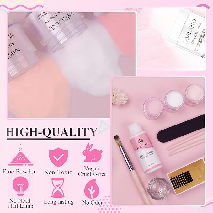 Saviland Acrylic Nail Starter Kit: Clear Pink Nude Acrylic Powder & Liquid, Brush, Files, Forms, Press On Nails, Home Practice Set