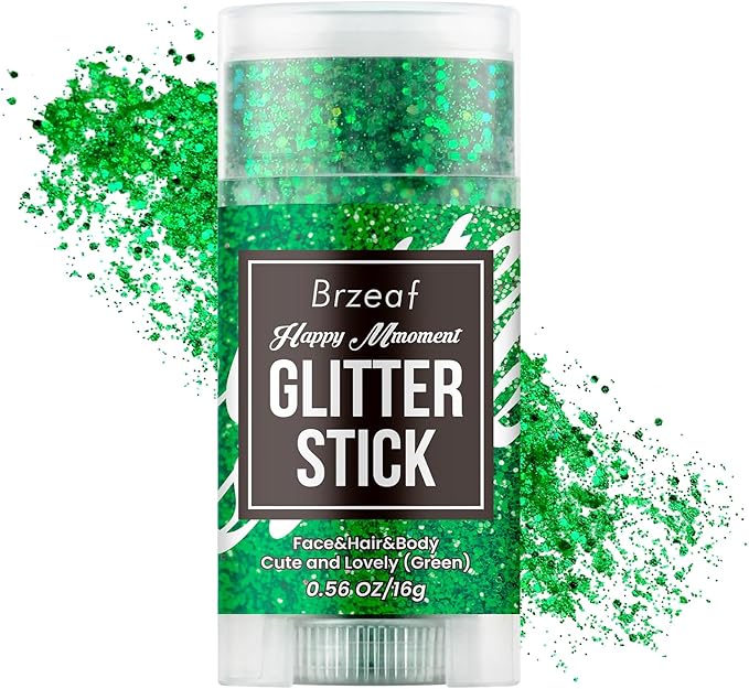 Brzeaf Waterproof Christmas Green Glitter Stick, Chunky Glitter for Face/Body/Hair/Eyes/Lip, Singer Concert Music Rave Festival, Glitter Stick Makeup & Face Glitter Gel for Women Men 0.56 OZ