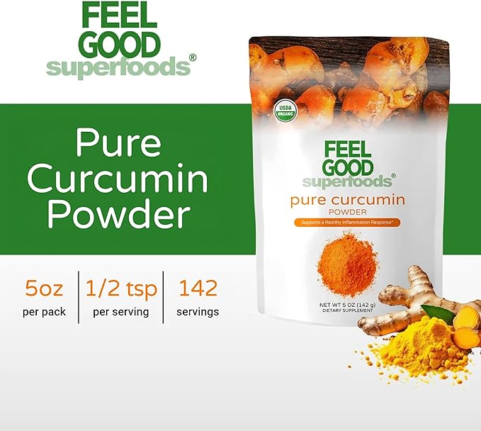 FEEL GOOD Superfoods Pure Curcumin Powder, Organic, Non-GMO, Vegan from Bulk Ground Turmeric Root from India, Curcuma Longa Joint Supplement, 5 oz