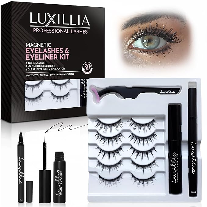 Luxillia Magnetic Eyelashes Kit – 8 Piece (Clear & Black) Magnetic Eyelash & Eyeliner Set with Applicator – Natural Look Easy Apply Reusable Fake Extension Lashes, No Glue Magnéticas Naturales