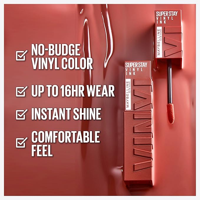 Maybelline Super Stay Vinyl Ink Longwear No-Budge Liquid Lipcolor Makeup, Highly Pigmented Color and Instant Shine, Peppy, Pink Lipstick, 0.14 fl oz, 1 Count