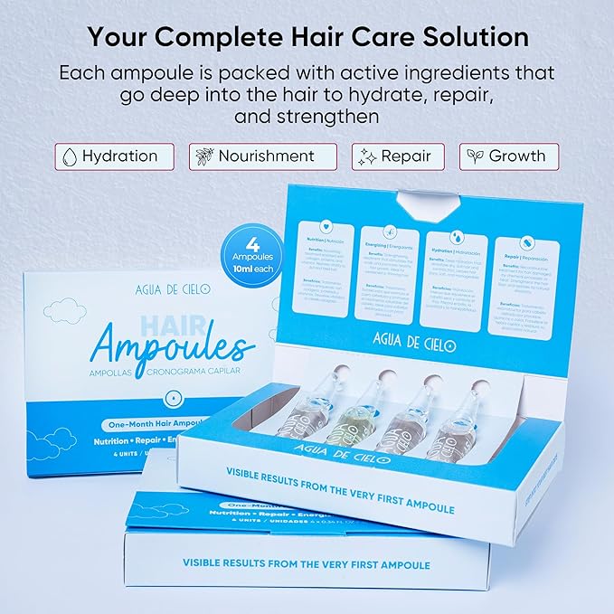 Agua de Cielo Hair Ampoules Set - Intensive Hair Treatment for Damaged Hair, Nourish, Hydrate, Repair & Growth - 4 Ampoules of 10ml