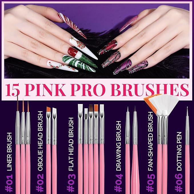 FANDAMEI Nail Art Brushes, Nail Art Kit with 15 Pcs Nail Art Brush, 5 Pcs Dotting Tools, 6 Box Nail Charms and Gems, 10 Sheet Flower Nail Stickers, Complete Nail Decoration Art with Nail Art Brushes