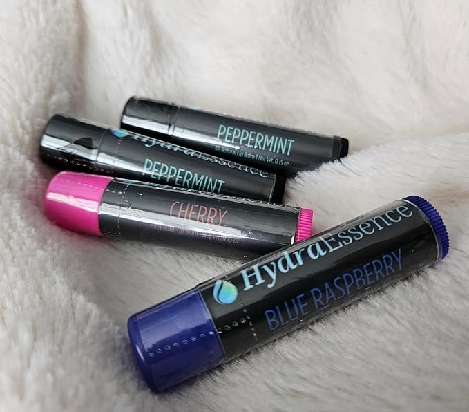 Vibrant Favorites Lip Balm 4-Pack | 7 Natural Ingredients | Beeswax Shea Butter | Moisturizing Lip Care for Dry Lips | Peppermint Cherry Blue Raspberry