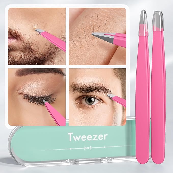 EZ2LIVE Tweezers for Women Facial Hair, Slant & Pointed Tweezers for Eyebrows, Ingrown Hair, Splinter Removal, 2 Pack Tweezer Set, Professional Stainless Steel Eyebrow Tweezers for Men and Women, Pink