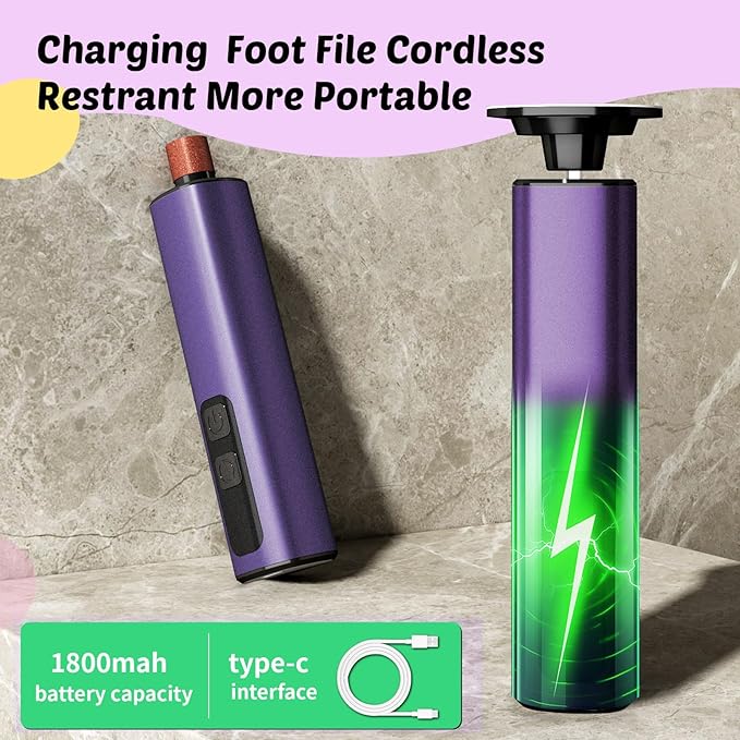 Dolcevitae Electric Foot Callus Remover & Nail File - Electric Callus Remover for Feet, 9 Adjustable Speeds, 1800mAh Rechargeable, Portable Aluminum Body w/Type-C Charging for Home & Travel (Purple)