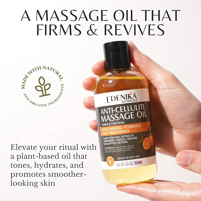 Natural Anti-Cellulite Massage Oil with Grapefruit Oil, Caffeine & Retinol, Firming Body Oil for Cellulite on Legs, Thighs & Butt, Helps Tighten, Smooth & Hydrate Skin, 8 fl oz