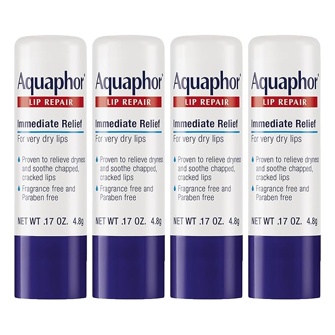Aquaphor Lip Repair Stick with Jojoba Oil and Shea Butter, Moisturizing Lip Balms, Fragrance Free and Paraben Free, Immediately Relieves Dryness, 0.17 Oz Stick, Pack of 4