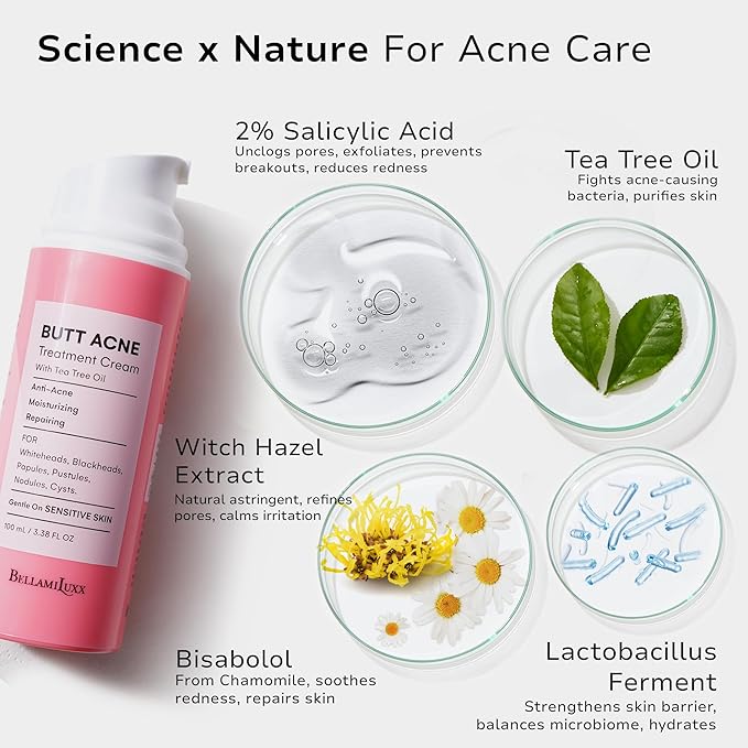 Butt Acne Clearing Treatment Cream: Body Acne Treatment Lotion for Folliculitis and Pimples on Back, Buttocks, Thighs With 2% Salicylic Acid & Tea Tree Oil - Butt Cream for Smooth Skin