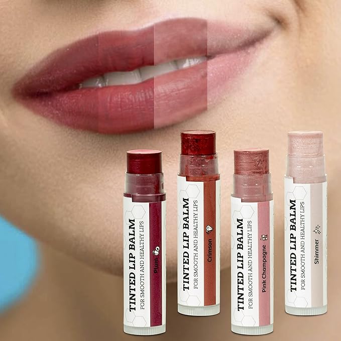 Earth's Daughter Tinted Lip Balm 4 Pack Stocking Stuffers of Assorted Colors - Beeswax, Coconut Oil, Cocoa Butter, Vitamin E - Moisturize and Beautify - Paraben Free