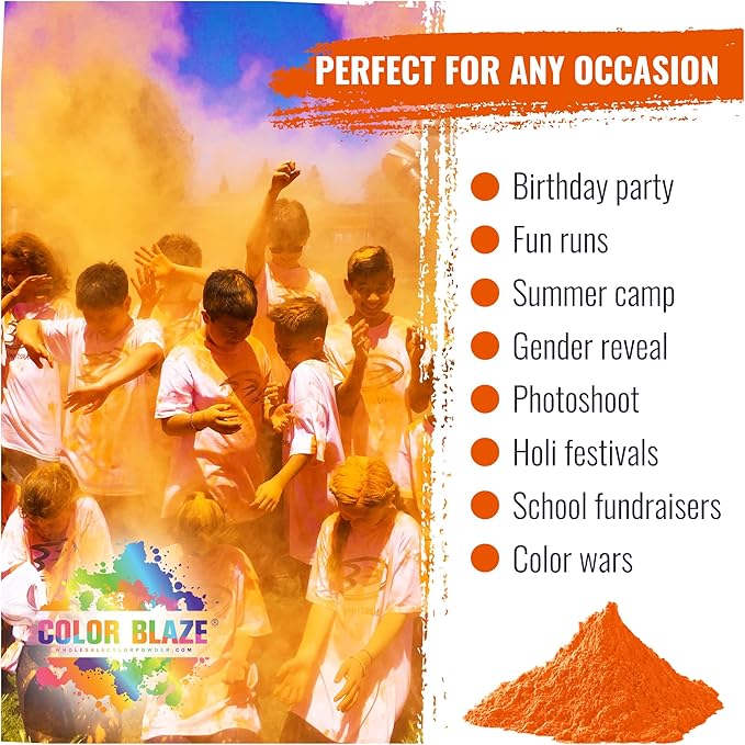 Color Blaze Holi Colored Powder - 5 lbs of Orange Powdered Color - for Fun Runs, Color Toss, Rangoli, Powder War, Backyard Party & Festivals - Pack of 1 Colorful Bag - 5 Pounds in Bulk - Orange