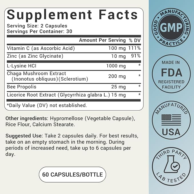L-Lysine Cold Sore Treatment For Lips With Immune Support - L Lysine 1000mg Capsules, Chaga, Bee Propolis, Vitamin C, Zinc & Licorice Root Extract - Non-GMO, Vegetarian, 60 Capsules for Men and Women