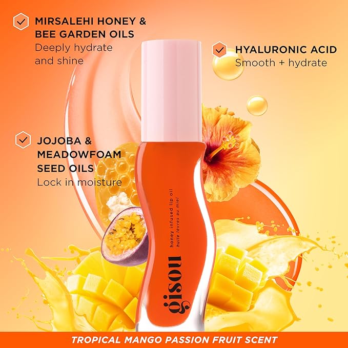 Gisou Honey Infused Hydrating Lip Oil, Nourishing Lip Moisturizer for Dry Lips (Mango Passion Punch)