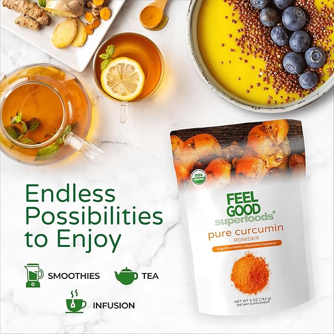 FEEL GOOD Superfoods Pure Curcumin Powder, Organic, Non-GMO, Vegan from Bulk Ground Turmeric Root from India, Curcuma Longa Joint Supplement, 5 oz