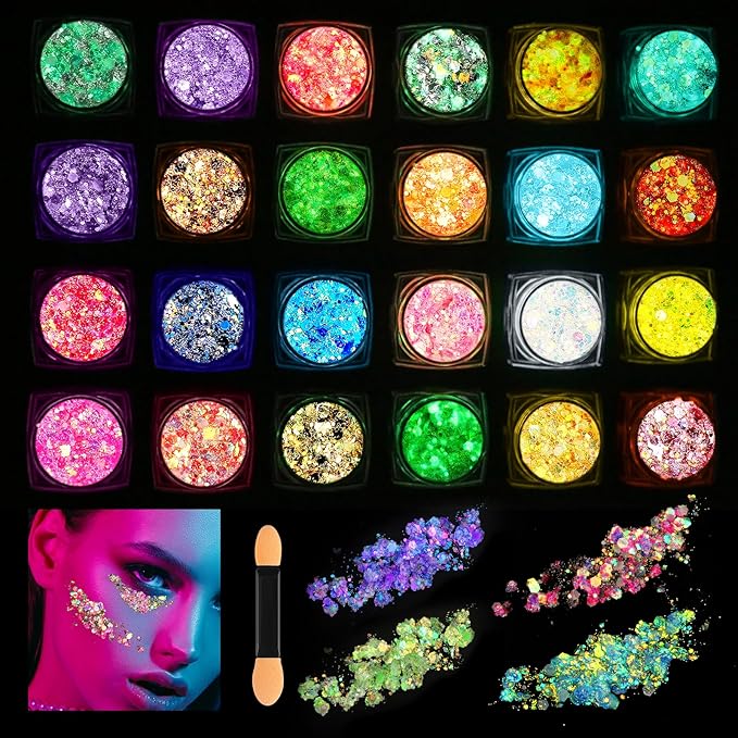 24 Colors Glitter UV Glow in The Dark Gel for Body Face Hair Eyeshadow,UV Black Light Makeup Glitter for Raves Festivals Carnival Party