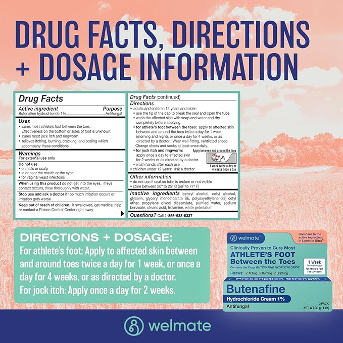 WELMATE - Butenafine Hydrochloride 1% (3 Pack) Antifungal Cream - Athletes Foot Treatment, Jock Itch, Ringworm - Itching, Cracking, Scaling - Clinically Proven - Over-the-Counter Medication, Foot Care