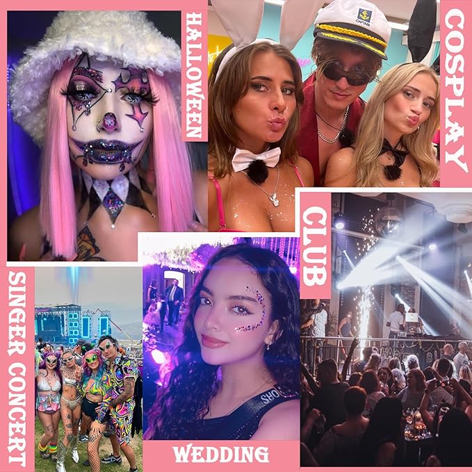 Body Glitter Face Glitter Gel: Singer Concerts Disco Festival Rave Accessories Face Glitter Makeup Chunky Sequins Mermaid Face Body Hair Glitter Gel (White&Silver&Pink&Gold&Blue&Purple&Rose)