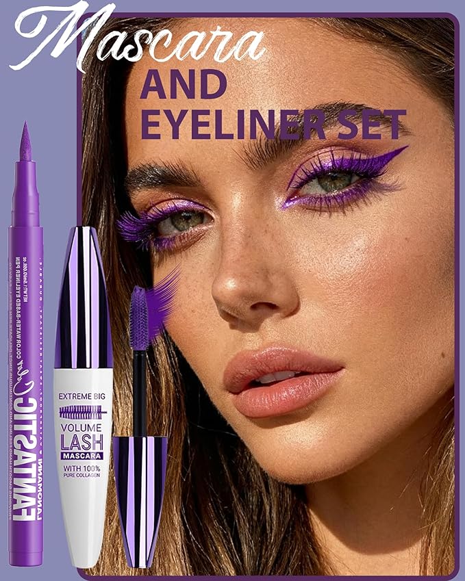 Waterproof Purple Mascara&Liquid Eyeliner Pen Set,Volumizing Colored 5D Fiber Mascara for Eyelash Volume and Length Máscara,Longlasting Smudgeproof Matte Color Eye Liner Pencil Women Party Stage Use