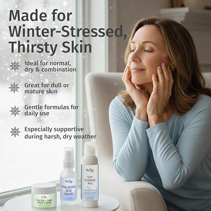 Reviva Labs Winter Renewal Skincare Gift Set – 3-Pc Face Care Kit with Cleansing Milk, Hyaluronic Acid Serum, and Elastin + DMAE Night Creme – Cleansing, Moisturizing & Firming Skincare Set for Women