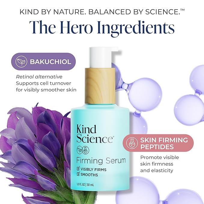 Kind Science Firming Serum, Anti Aging Face Treatment, Lightweight Facial Serum With Retinol Alternative Bakuchiol & Peptides, Fragrance Free, For Sensitive Skin and All Skin Types, 1 fl oz