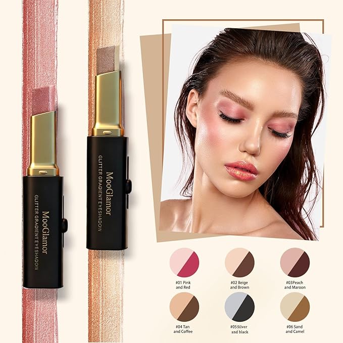 6 Pcs Glitter Eye Shadow Stick Shimmer Eye Shadow Set with Two-Color Gradient and Waterproof Eyeshadow Pen for Long Lasting Eye Makeup Gift