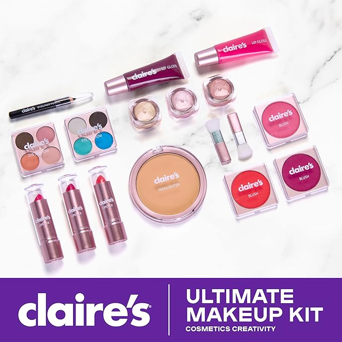 Claire's Ultimate Makeup Kit, 18-Piece Real Cosmetic Set, Makeup for Kids 8-12, Girl Toys & Beauty Activity Gift with Lip Gloss, Lipstick, Eyeshadow, Eyeliner, Blush, Highlighter & Carry Case