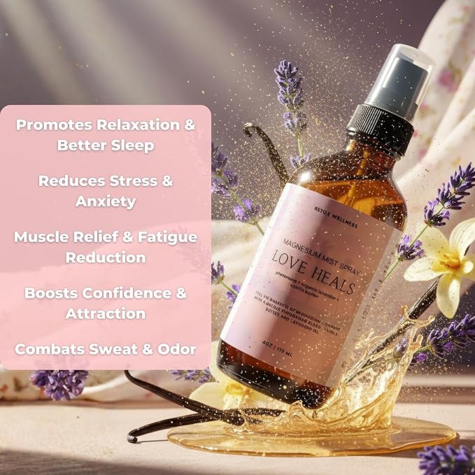 Retox Wellness LOVE HEALS Magnesium Mist| Pure Magnesium Oil Spray with Lavender & Vanilla| Body & Foot Spray Refreshes Tired Skin| Calming Essential Oils for Relaxing & Uplifting Feel, 4oz