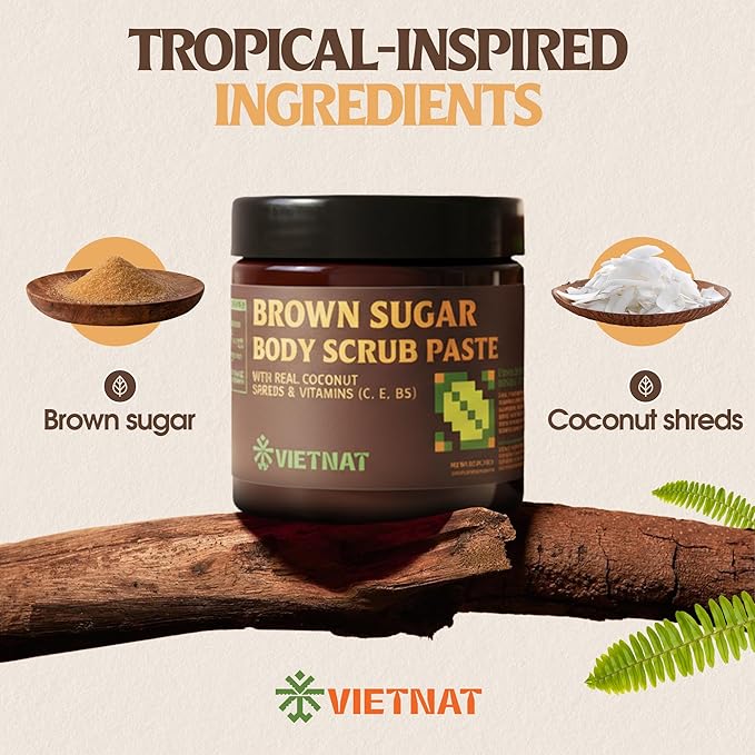 VIETNAT Exfoliating Brown Sugar Body Scrub with Coconut Shreds, Vitamins C, E & B5 – Softens & Refreshes Look of Skin – 8.8 oz