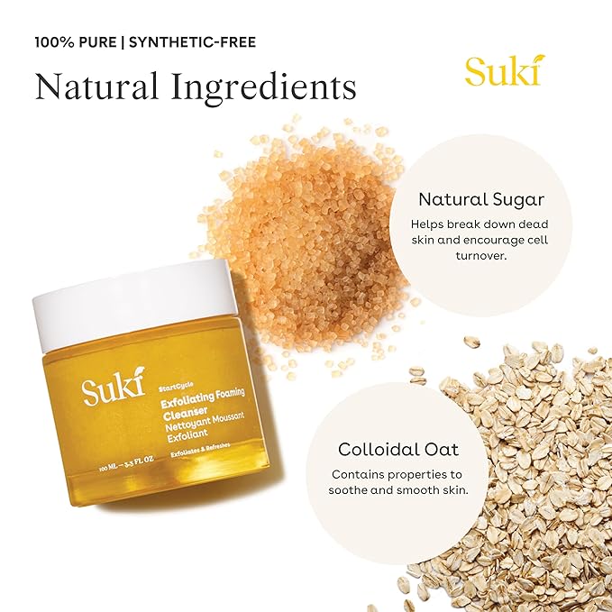 Suki Skincare Exfoliate Foaming Cleanser - With Natural Sugar & Colloidal Oat - Facial Exfoliator & Mechanical Exfoliant that Reduces Dry Skin Buildup While Promoting Radiant, Smooth, Soft Skin - 4 oz