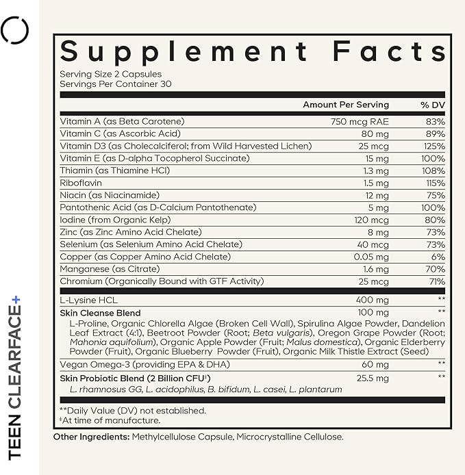 Codeage Teen Clearface Adolescent Face, Skin & Pimples, Vitamins A, C, D3, E, Pantothenic Acid, Niacin, Zinc Supplement Teenagers, Probiotics, L-Lysine, Omega-3, Oily Skin, Pores, Spots - 60 Capsules