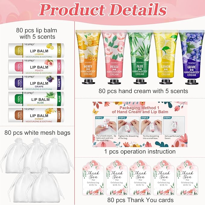 80 Pack Bulk Hand Cream and Lip Balm Sets Gifts, Valentines Day Gifts, Party Favors, Wedding Favors for Guests with Thank You Card and Organza Bags, Mothers Day Gift and Teacher Gift