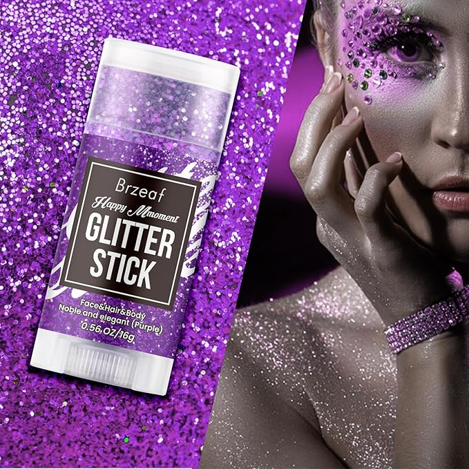 Brzeaf Purple Glitter Stick for Makeup, Not Greasy & Shimmery & Long Lasting, Chunky Glitter for Face/Body/Hair/Eyes, Singer Concert Music Christmas Rave Festival, Glitter Stick Makeup for Women Men
