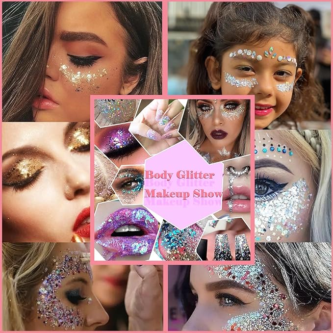 Body Glitter Face Glitter Gel: Singer Concerts Disco Festival Rave Accessories Face Glitter Makeup Chunky Sequins Mermaid Face Body Hair Glitter Gel (White&Silver&Pink&Gold&Blue&Purple&Rose)