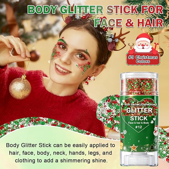 Christmas Body Glitter Stick, Face Body Glitter Gel Holographic Hair Glitter Halloween Chunky Sequin Waterproof Face Paint Stick Glitter Makeup for Kids and Women