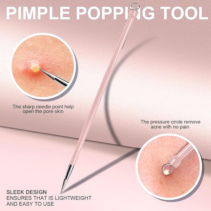 Teenitor Pimple Extractor Acne Treatment Tool Blackhead Comedone Removal 2-in-1 Popper Tool for Face Blackhead Extractor Tool Pink