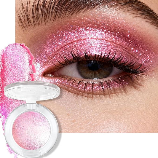 Holographic Pink Glitter Eyeshadow - Multichrome Color Shift Shimmer Eyeshadow Palette, Chameleon Glitter Eye Shadow, Cream to Powder Sparkling Inner Corner Eye Face Highlighter Makeup, #02