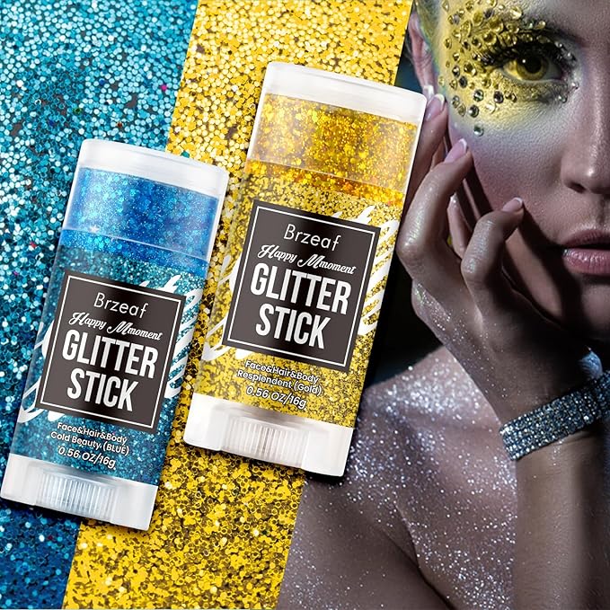 Brzeaf Waterproof Gold Glitter Stick,Christmas Face Glitter Makeup, Shimmery & Long Lasting, Chunky Glitter for Face/Body/Hair/Eyes/Lip, Singer Concert Music Rave Festival
