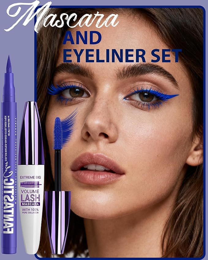 Waterproof Blue Mascara&Liquid Eyeliner Pen Set,Volumizing Colored 5D Fiber Mascara for Eyelash Volume and Length Máscara,Longlasting Smudgeproof Matte Color Eye Liner Pencil Women Party Stage Use