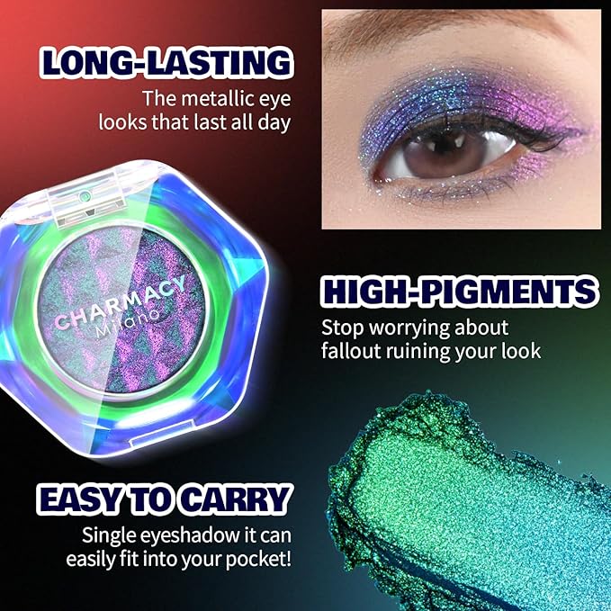 CHARMACY Multichrome Glitter Eyeshadow, Intense Pigmentation Chameleon Sparkling Eyeshadow, Bright Highlighter Duochrome Eye Make Up, Multi-Reflective Finishes Glitter Metallic Eye Makeup #03