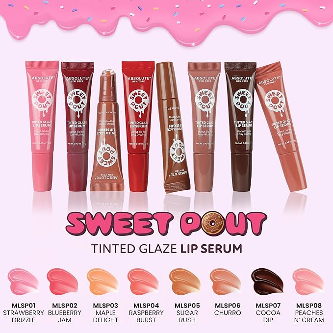 Absolute New York Sweet Pout Tinted Glaze Lip Serum, Donut Tip Applicator, Hydrating Formula with Peptides, Vitamin E and Jojoba Seed Oil (Blueberry Jam)
