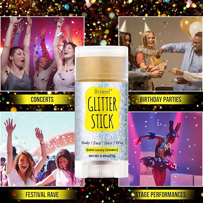 Brzeaf Golden Glitter Stick, Face Glitter Makeup, Shimmery & Long Lasting, Chunky Glitter for Face/Body/Hair/Eyes/Lip, Singer Concert Music Christmas Rave Festival