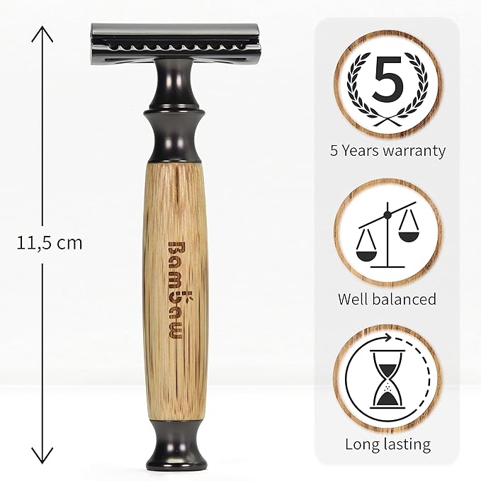 Bambaw Double Edge Safety Razor Men & Women with 5 Replacement Shaving Blades, Women Razor One Blade, Close & Smooth Shave (Thick Bamboo Black)