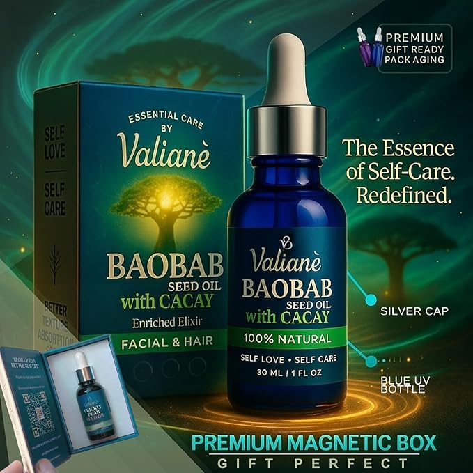 BAOBAB OIL + CACAY for HAIR & FACE Premium Enriched Blend - Hair Oil & Beard Oil - Facial Serum - Cold-Pressed Lightweight Fast-Absorbing, 100% NATURAL - for Body Neck Décolleté Nails -1 fl oz Valianè