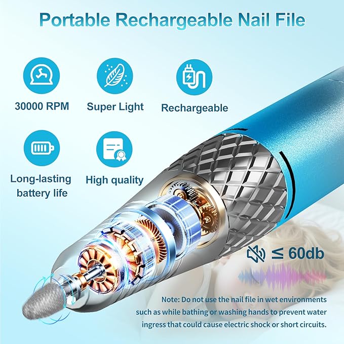 Electric Nail Drill Machine Professional, Cordless Rechargeable Nail Drill Kit Low Heat Quiet E-File for Acrylic Gel Polishing Removing with Bits Kit for Manicure Salon Home (Blue)