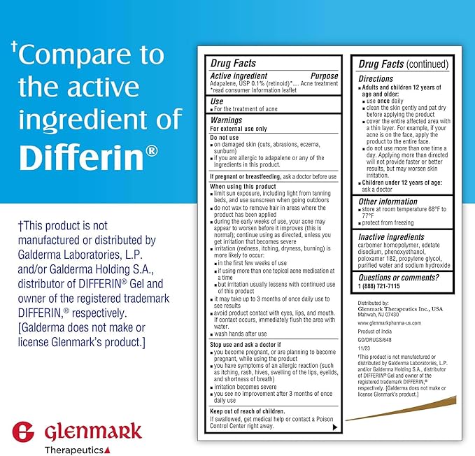 Glenmark Therapeutics Adapalene Gel 0.1% Acne Treatment, Paraben Free Topical Retinoid Cream for Face, Helps Clear and Prevent Acne and Clogged Pores, 45g Tube