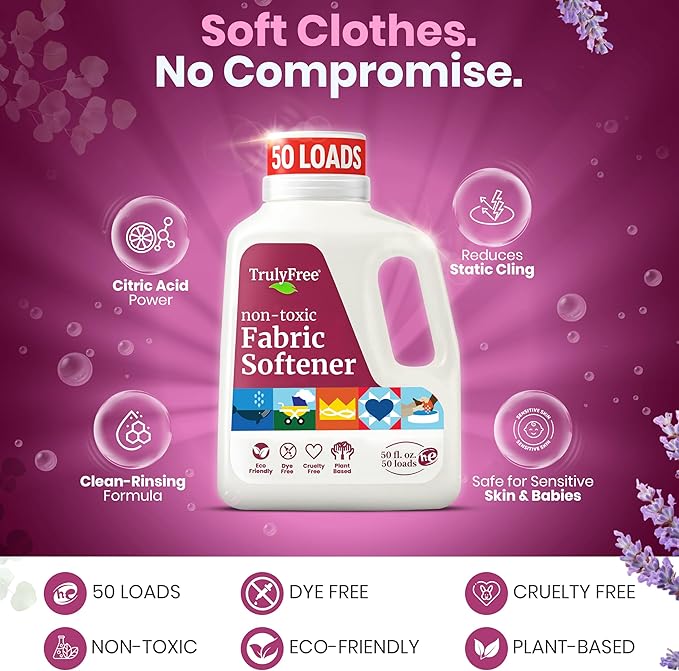 Truly Free Fabric Softening Conditioner for Clothes| Safe for Babies & Kids with Sensitive Skin | Plant-Based | Includes 4 Refills| Signature Scent Rinse(200 Loads)